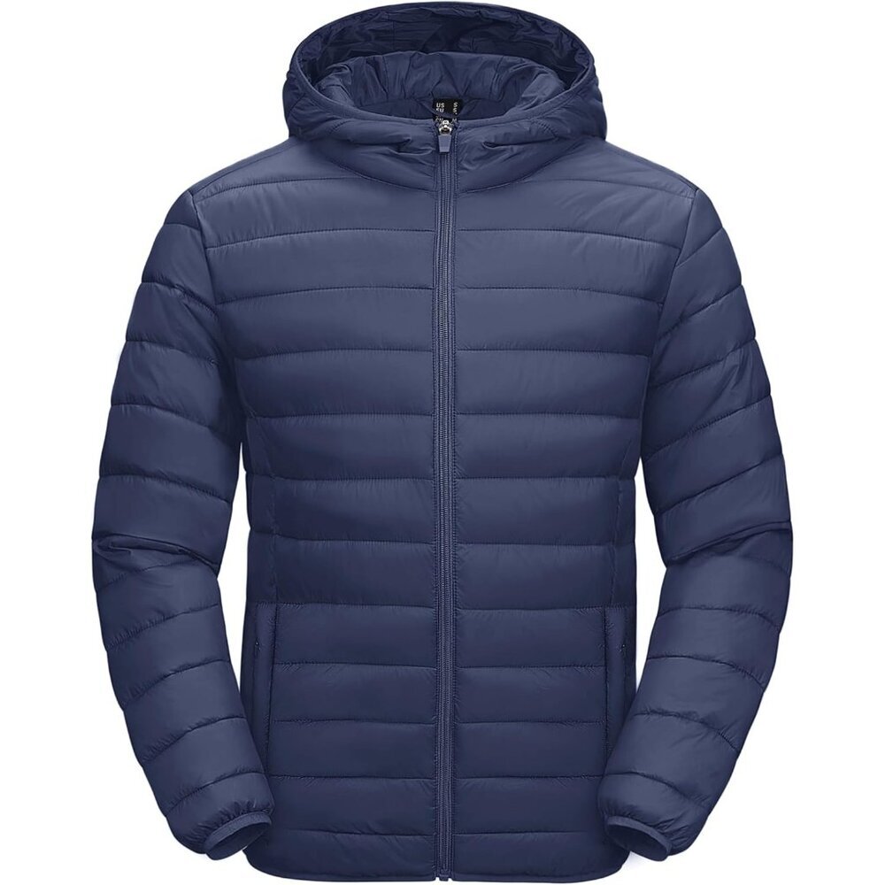 Men's Blue Gray Hooded Water-Resistant Outerwear Warm Quilted Puffer Jacket